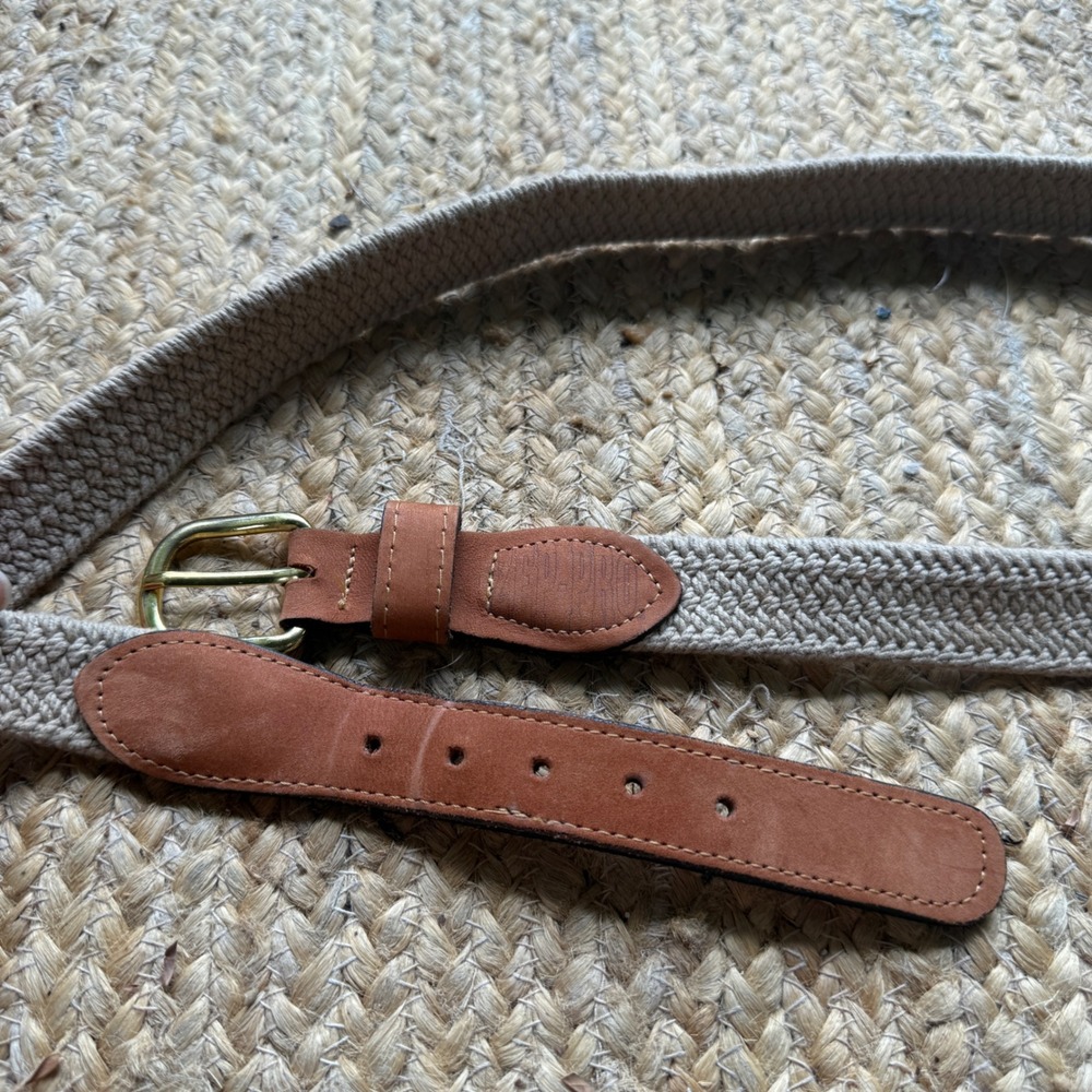 Vintage Mens Braided Surcingle Belt Tan Leather Brass Buckle Made in USA Size 38